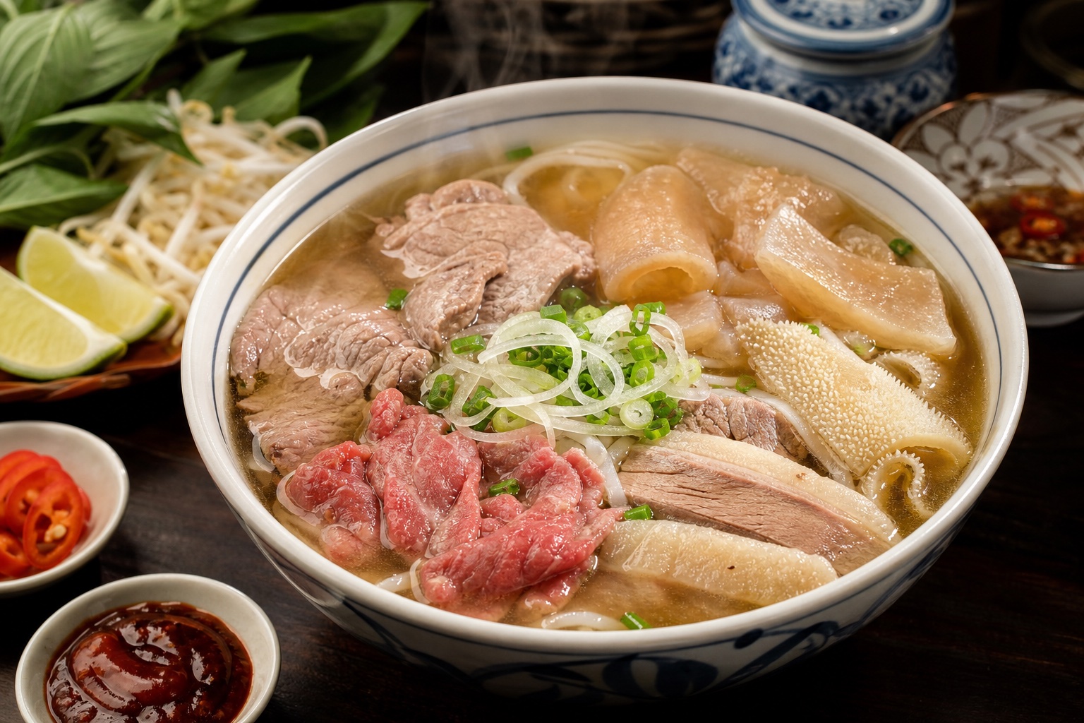 Steaming bowl of pho with rare beef, brisket, tendon, tripe, and fresh herbs